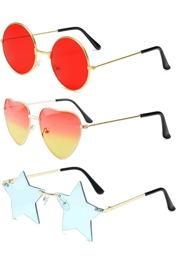 3 Pack Hippy Specs Sunglasses, Round Heart Star Shaped Retro Hippy Costume Glasses with Metal Frame, Colored Funky Sunglasses 60's 70's Style Party Decoration Eyeglasses
