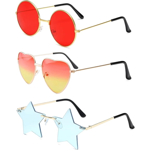 LINLIN 3 Pack Hippy Specs Sunglasses, Round Heart Star Shaped Retro Hippy Costume Glasses with Metal Frame, Colored Funky Sunglasses 60's 70's Style Party Decoration Eyeglasses