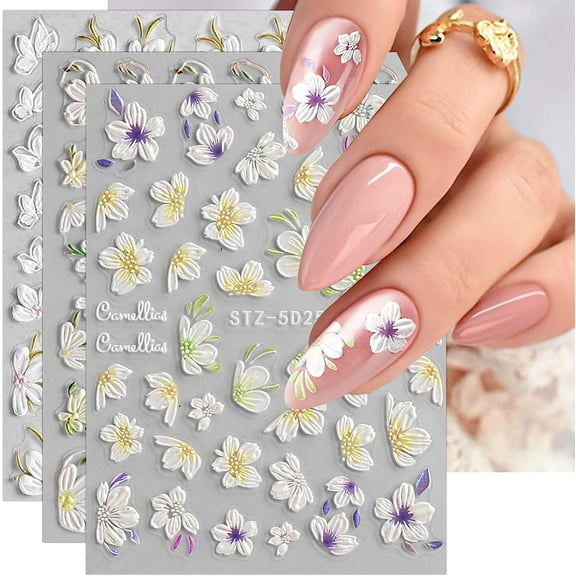 LINLIN 3D Embossed Spring Flower Nail Art Stickers Decals 5D Self-Adhesive White Floral Cherry Blossoms Nail Supplies Nail Art Design Decoration Accessories 4 Sheets
