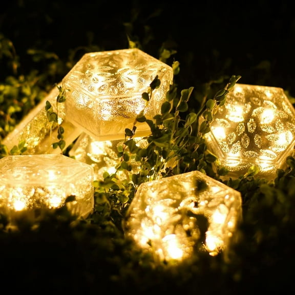 LINLIN 4pcs Pathway Solar Light IP65 Waterproof Hexagonal Ground Glass Lamp Solar Powered Ice Brick Crystal Lamp LED Paver Landscape Ornaments for Outdoor Courtyard Garden Pool Decors