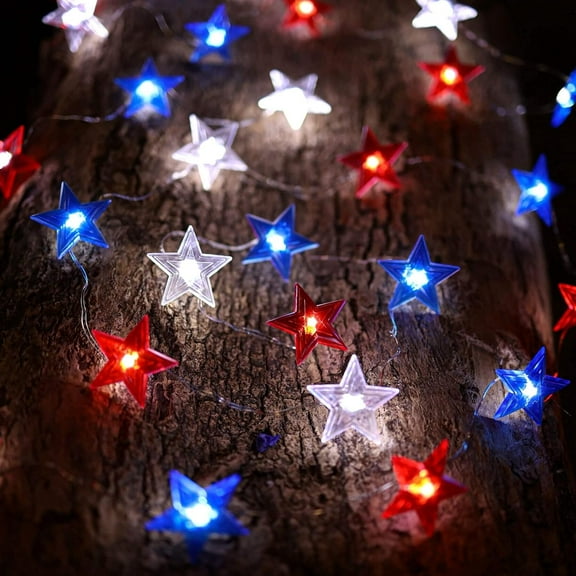 LINLIN 4th of July Memorial Day American Flag Stars Decoration String Lights 40LEDs Battery Operated with Multi-Function Remote for USA Independence Day Uncle Sam Party Accessories