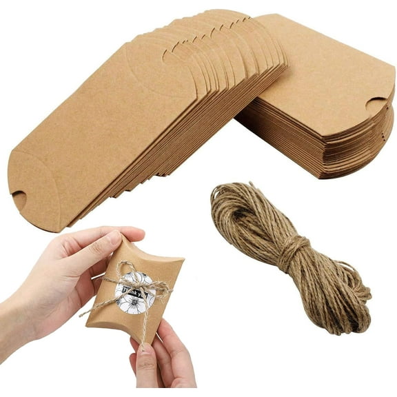 LINLIN 50Pcs Brown Pillow Boxes for Gifts Kraft Paper Small Gift Boxes With 50Hemp Ropes for Chocolates Nuts Sugars Tea Leaves Hand Make Biscuits for Christmas Party Wedding Birthday Baby Shower