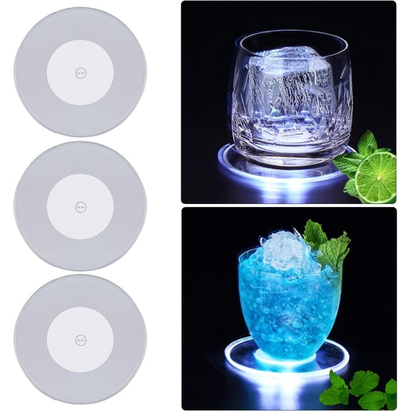 LINLIN 6 Pack LED Coasters for Drinks, ON/OFF Disposable LED Drinking Coasters, Waterproof Light Up Coasters for Drinks, Acrylic Coasters for Parties Weddings Bar Christmas, Cool White LED Coasters