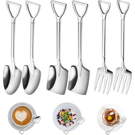 LINLIN 6Pcs Stainless Steel Shovel Spoon Set, Creative Spade Spoon Fork Set, Novelty Spade Teaspoons, Fashion Tableware Shovel Spoons Stainless Steel Set for Family and Party