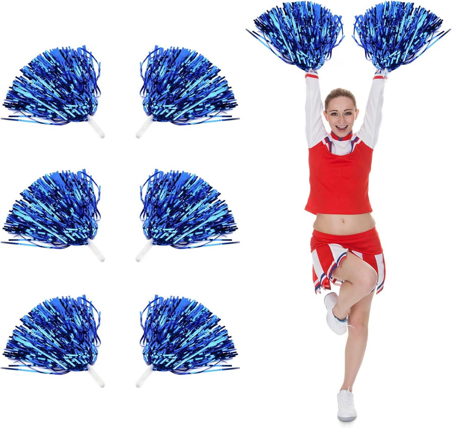LINLIN 6pcs Cheerleading Pom Poms with Baton Handle, Plastic Cheerleader Cheering Squad Pompoms for Kids Ball Fancy Dress Night Cheer Party Costume Sports Dance