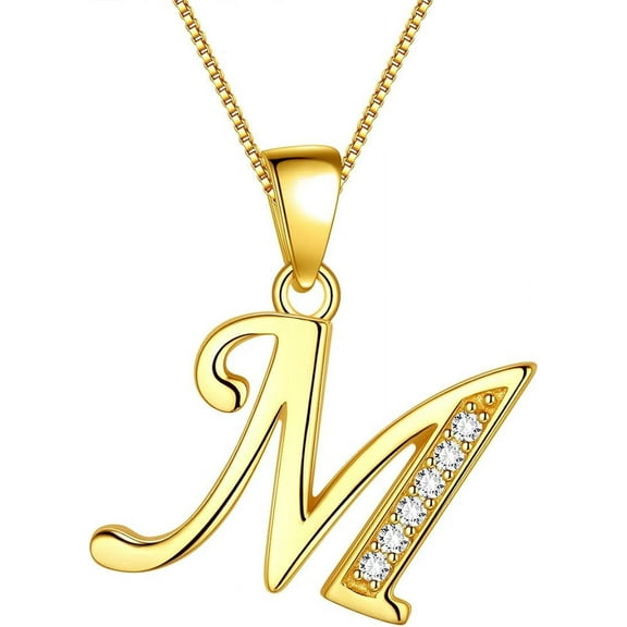 LINLIN  925 Sterling Silver Letter Initial Alphabet White Gold Plated Pendant Necklace 18"