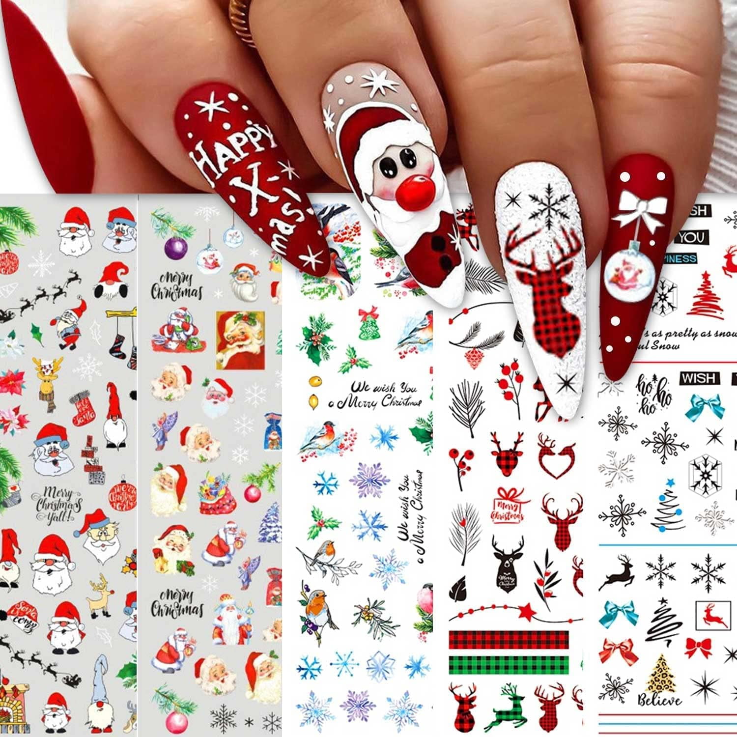 LINLIN Christmas Nail Art Stickers Decals 10 Sheet Self Adhesive Gnome Santa Claus Reindeer Snowflake Christmas Tree Nail Sticker Design Nail Decoration for Women Girls