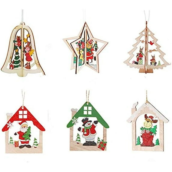 LINLIN Christmas Wooden Ornaments, 6 Pieces Xmas Tree Hanging Tags Pendant with Cords DIY Crafts Christmas Decoration for New Year, Christmas Tree, Wedding and Festival