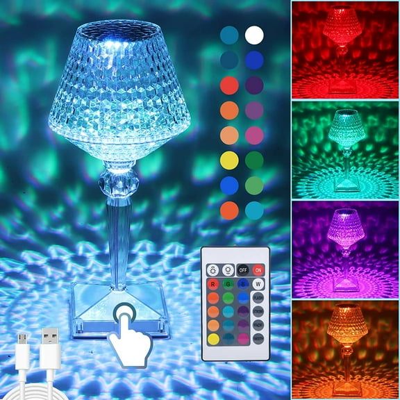 LINLIN Crystal Diamond Table Lamp, 16 RGB Colors Changing Remote & Touch Acrylic Table Lamps 1800mAh Rechargeable LED Bedside Night Light with 5 Dimmable Brightness for Living Room Bedroom