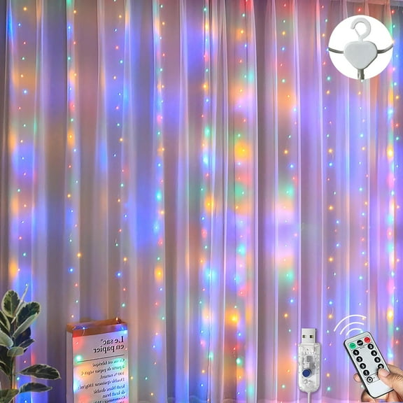 LINLIN Curtain Fairy Lights, 3m×3m 300LED Fairy Lights for Bedroom, 8 Modes Curtain String Lights with Remote Control, USB Copper Wire Hanging Window Lights for Bedroom Wall Christmas Decorations