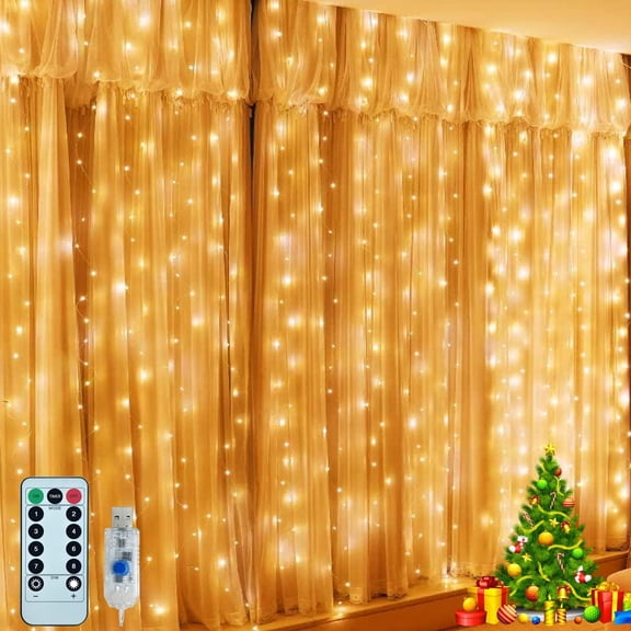 LINLIN Decor Window Curtain Fairy Lights-3x3m 300 LED Orange Twinkle Lights with Remote Control Waterproof Copper String Lights for Halloween Christmas Thanksgiving Decor Bedroom Party Wedding