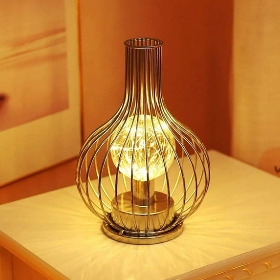 LINLIN Diamond Iron Table Lamp, Nordic Style Iron Wire Bedside Table Lamp Bulb Night Light with Battery Operated Decorative Lighting for Home Bedroom Hotel (E Mode)