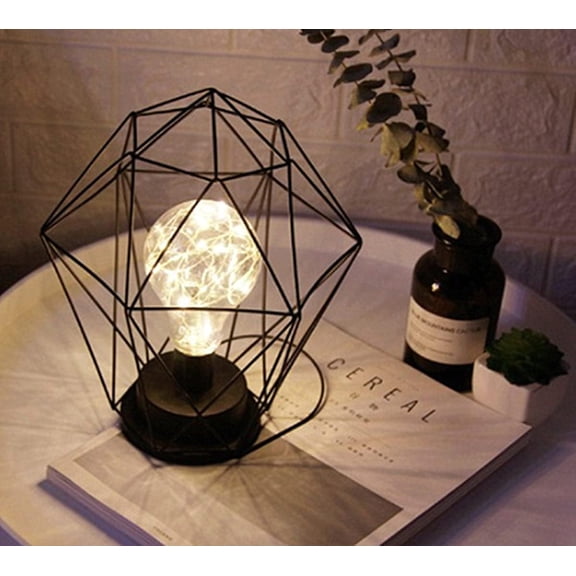 LINLIN Diamond Iron Table Lamp, Nordic Style Iron Wire Bedside Table Lamp Bulb Night Light with Battery Operated Decorative Lighting for Home Bedroom Hotel (E Mode)