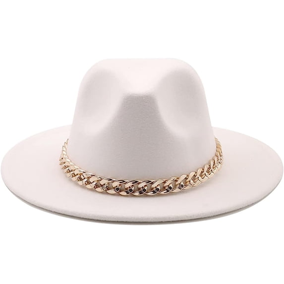 LINLIN Fedora Hat Unisex Wide Brim Jazz Hat Gentleman Hat with Big Gold Chain Autumn Winter Panama Hat for Men & Women