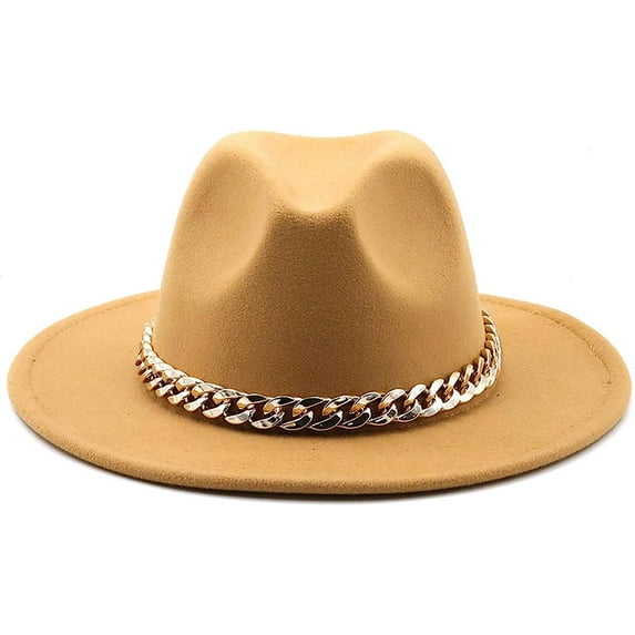 LINLIN Fedora Hat Unisex Wide Brim Jazz Hat Gentleman Hat with Big Gold Chain Autumn Winter Panama Hat for Men & Women