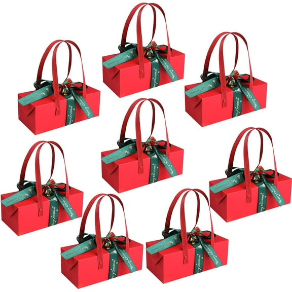 LINLIN Gift Boxes, 8PCS Xmas Designs Christmas Cupcake Box with Handles, Christmas Red Paper Bags with Bell and Ribbon Christmas Cookie Candy Treat Box for Holiday Xmas Party Favor Supplies