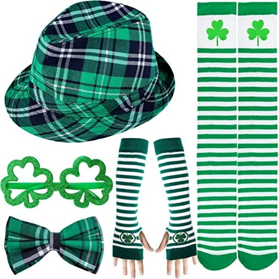 LINLIN Green Plaid Hat, Green Bow Tie, Lucky Shamrock Suspender, for Men and Women Party Festival Accessory Decor