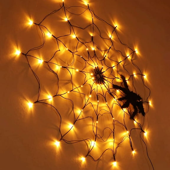 LINLIN Halloween Spider Web Lights,60cm Diameter 60LED Net Lights Battery Operated Black Spider Window Lights for Home Party Yard Bar Haunted House Halloween Decor