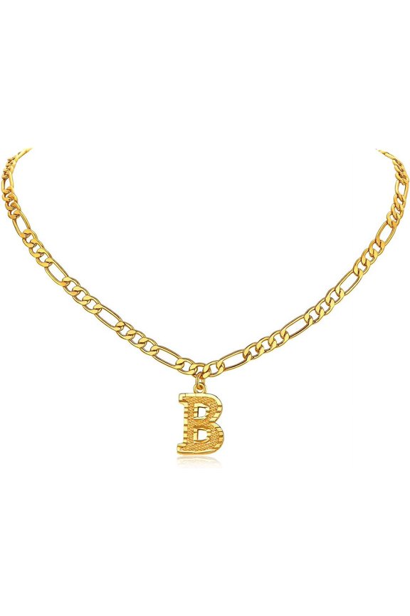 Initial Necklaces Gold Plated Letter A-Z Pendant Alphabet Jewellery for Women Men, Adjustable Figaro Chain 16"+2"