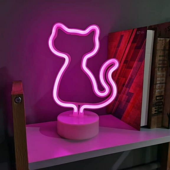 LINLIN Kitty-Neon Light Sign, LED Neon Sign with Holder Base Table Lamps, Battery/USB Neon Lights for Room Party Table Art Decorative Signs