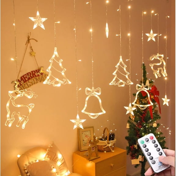LINLIN LED Curtain Lights, 3.5m x 0.9m 138 LED 12 Stars Curtain Window Star String Lights Fawn Bell Christmas Tree with Remote USB for Christmas Wedding