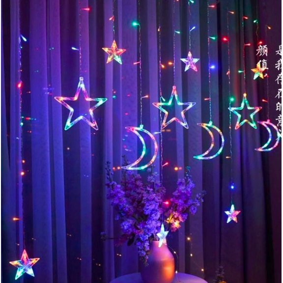LINLIN LED Curtain Lights, 3.5m x 0.9m 138 LED 6 Stars 6 Moon Curtain Window Star String Lights with Remote USB for Christmas Wedding