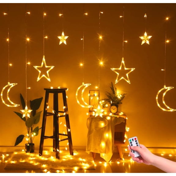 LINLIN LED Curtain Lights, 3.5m x 0.9m 138 LED 6 Stars 6 Moon Curtain Window Star String Lights with Remote USB for Christmas Wedding