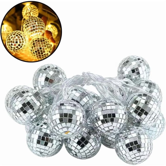 LINLIN LED Disco Ball Mirror String Lights 10 Battery Operated Reflective Silver Mirror Ball with White Lights Disco Mirror Ball Fairy Lights for Halloween Christmas Tree Party Garden Decor