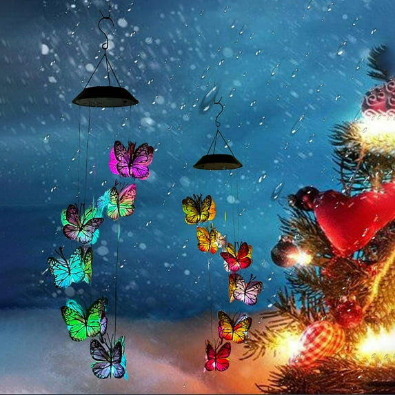 LINLIN LED Solar Wind Chimes Outdoor Butterfly Hanging Wind Chimes Lamp Colorful Night Light Waterproof Butterfly Shaped Wind Chime for Garden Patio Yard with Hook