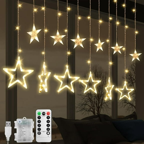 LINLIN LED Stars Curtain Lights,12 Stars 138 Window Curtain String Lights with 8 Flashing Modes Decoration for Christmas, Wedding, Party,Wall, Home Decorations,USB/Battery Powered (Warm White)