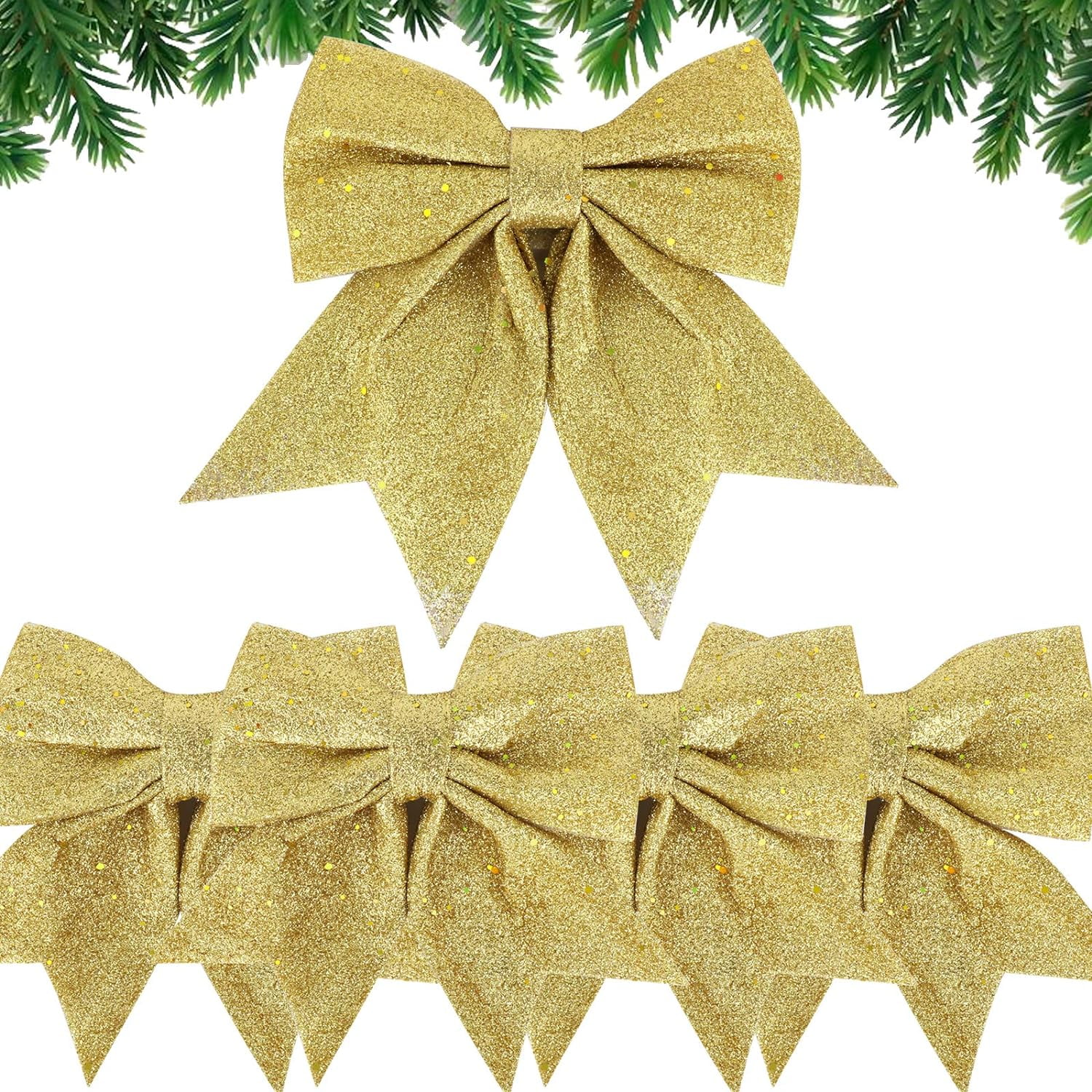 LINLIN Large Gold Glitter Bows for Christmas Tree Decoration- 5PCS Christmas Decorative Bows Christmas Tree Bow Christmas Bows Decorative Xmas Decor Wreath Ornament