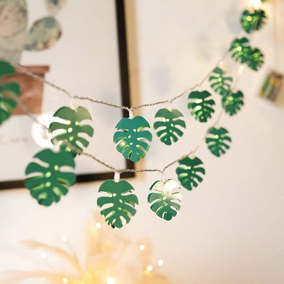 LINLIN Leaf String Lights, Faux Palm Leaf Wall Mounted Rattan Leaf Lights 20 LEDs, Battery Powered Green Monstera Leaf Indoor and Outdoor Jungle Beach Themed Party Decorations