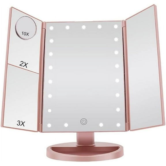 LINLIN Makeup Mirror with Light, Trifold Vanity Mirror 1x/2x/3x/10x Magnifying Mirror with LED Lights Touch Screen 180 Degree Adjustable Rotation Dual Power Supply Mode