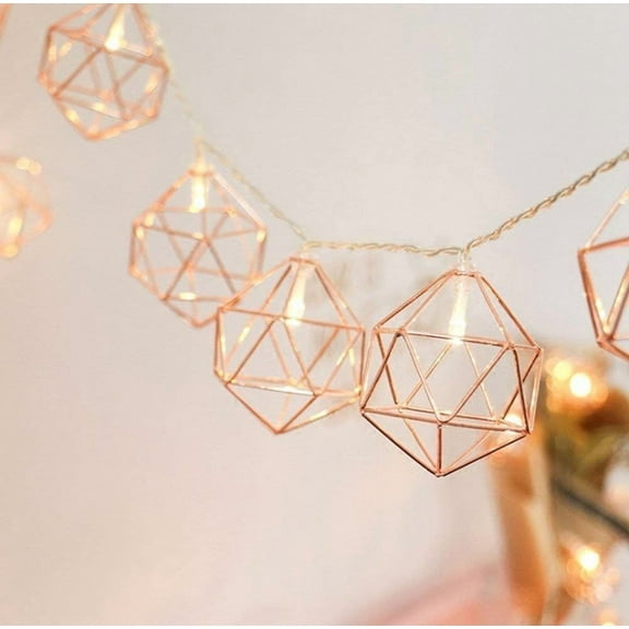 LINLIN Metal String Lights, 3M 20 LEDs Geometric String Lights Rose Gold String Lights Battery Powered Operated Diamond Fairy String Lights for Christmas Home Party Decoration