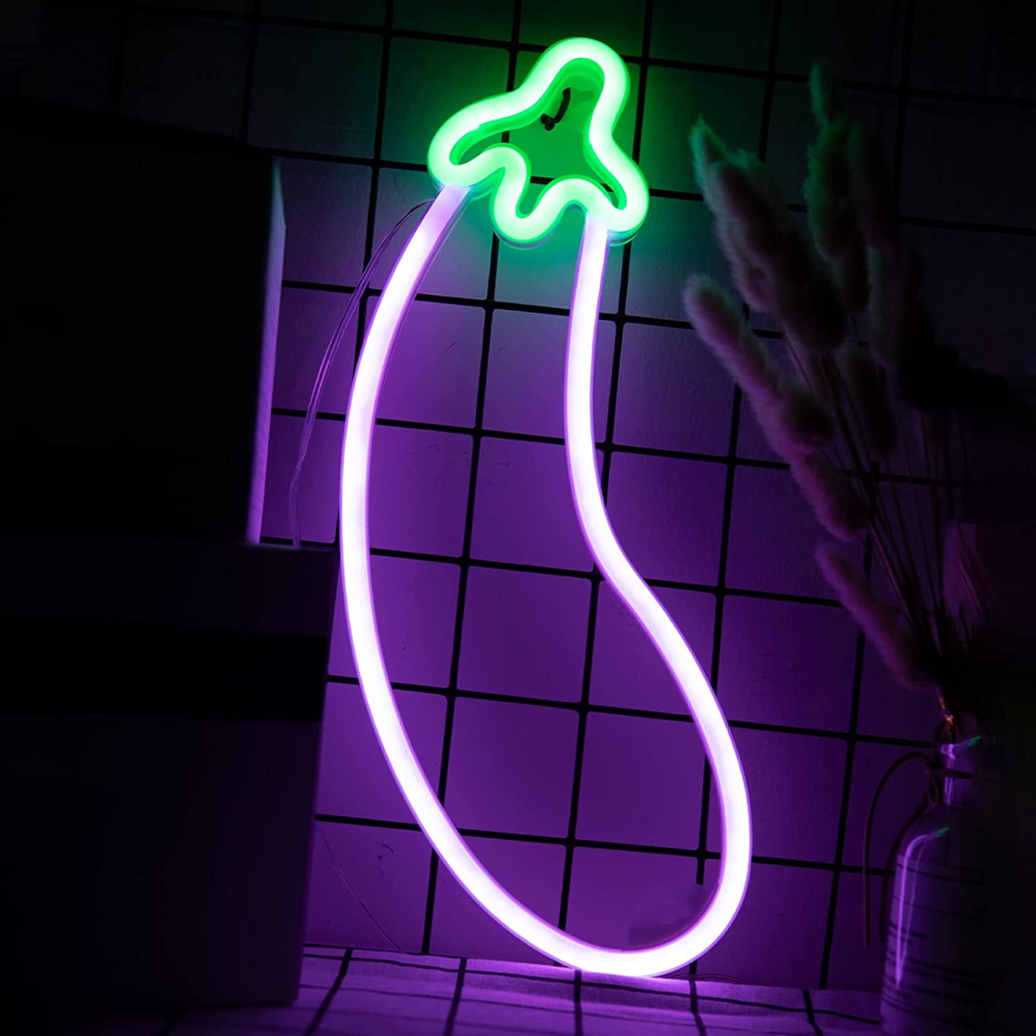 LINLIN Neon Sign,Eggplant LED Neon Light Green Purple Wall Lights,USB