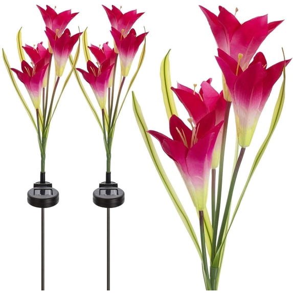 LINLIN Outdoor Solar Lamp Garden Stake Lights,2 Pack Solar Flower Lights with 8 Lily Flower, Multi-Color Changing LED Solar Landscape Lighting Decoration Light for Garden,Patio,Backyard
