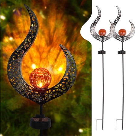 LINLIN Outdoor Solar Lights Landscape Pathway Lights Lawn Lamp Crackle Glass Globe Stake Metal Lamp Waterproof for Garden Lawn Patio Courtyard Warm White Light