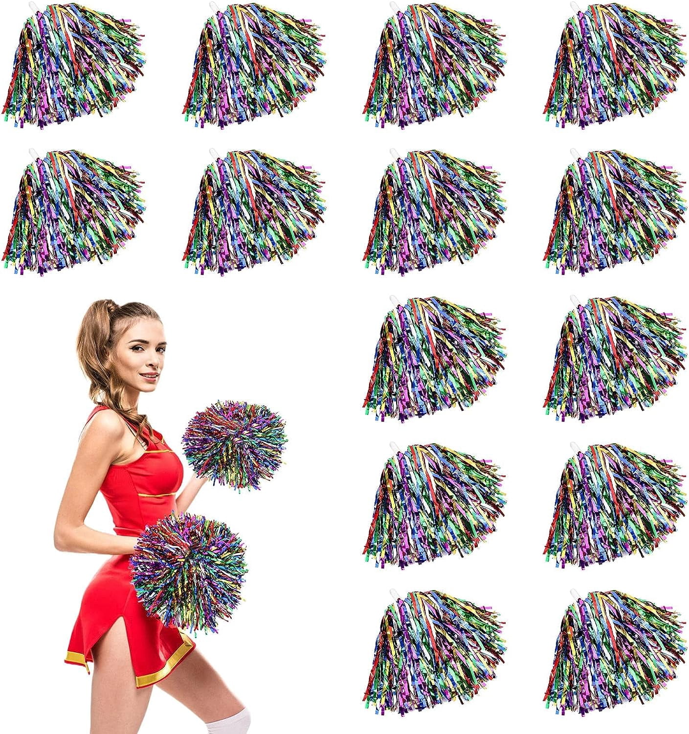 LINLIN Pack of 16 cheerleader pompoms, cheerleading pom poms with handles, hand flowers metal foil cheers ball, cheer poms, cheerleading pompoms for sports events, ball games, dances, carnival parties