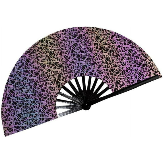 LINLIN Reflective Rainbow Folding Clack Hand Fan Large Bamboo Folding Fans Craft Hand Fans Handheld Fan Dance Fan for Festival Music Dancing Parties