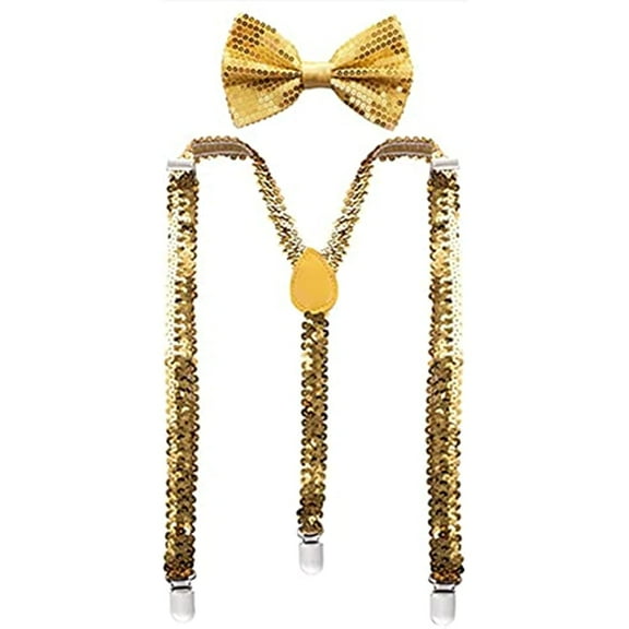 LINLIN Sequin Bow Tie & Suspenders Set,Y Back Style Comfortably Adjustable Elastic with Clips Unisex for Cosplay Party