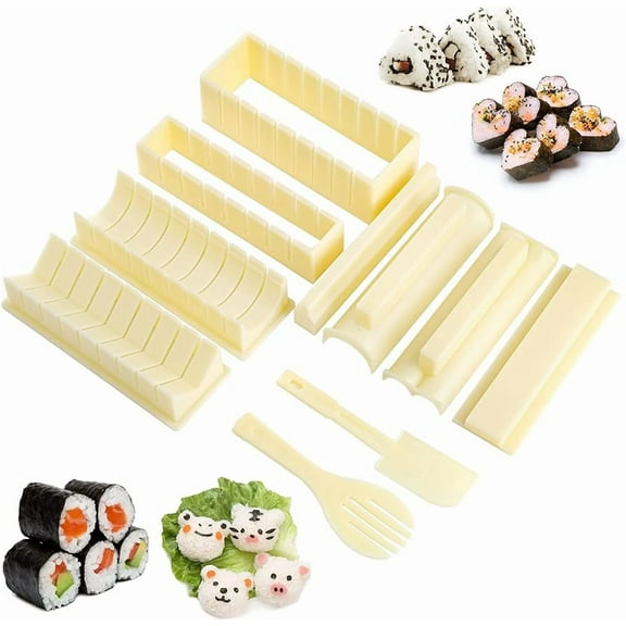 LINLIN Set of 10 Sushi Making Kit Plastic Sushi Maker Tool with 8 Sushi Rice Roll Mold 1 Fork and 1 Spatula DIY Home Sushi Tools DIY Sushi Set for Beginners Sushi Lovers Sushi Rolls Maki Rolls Beige