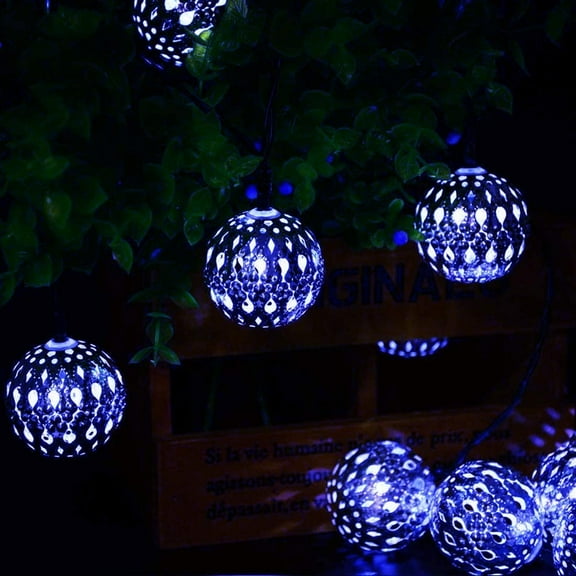 LINLIN Silver Moroccan Orb Light, Waterproof 20LED 8 Mode Metal Goble Lantern Solar Dazzling Moroccan Fairy String Light for Outdoor Garden Yard Party Christmas Ambiance Decorations