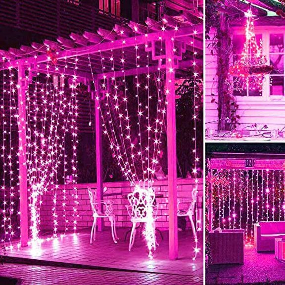 LINLIN Solar Curtain Light, 3m x 3m 300 LED 8 Modes Remote Control Waterproof Solar Fairy Lights Outdoor Curtain String Lights for Gazebo Patio Party Festival Decorations