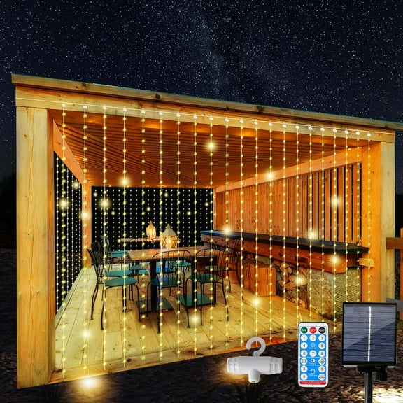 LINLIN Solar Curtain Lights Outdoor,3m x 3m 300LED 8 Modes Remote Control Garden String Lights Waterproof Solar Powered Fairy Lights for Gazebo Patio Yard Party Wedding Decorations