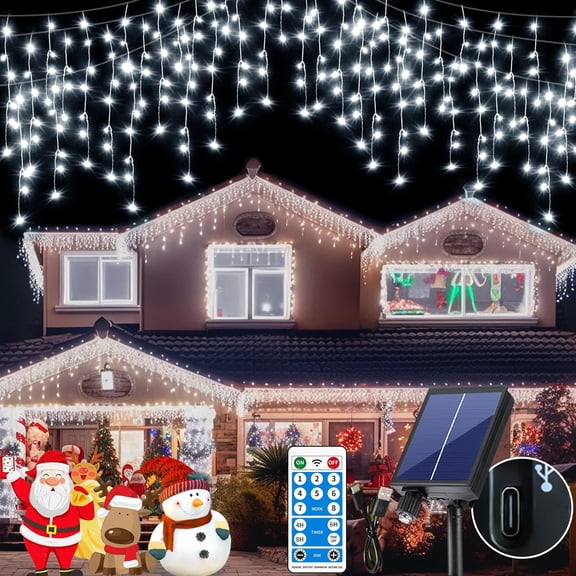 LINLIN Solar Icicle Christmas Lights, 15+5M/66Ft 600LED Icicle Fairy Lights Outdoor Waterproof with Remote, 8 Modes Connectable Curtain String Lights for Window Xmas Tree Decoration