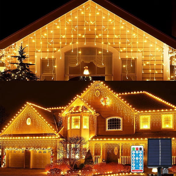 LINLIN Solar Icicle Lights Garden,Waterproof 19.6ft 264 Fairy Curtain Hanging String Lights 44 Drops 8 Modes Remote Timer Indoor Outdoor for Christmas Wedding Party Window Decoration