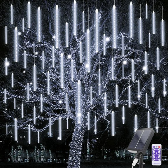 LINLIN Solar Meteor Shower Rain Lights, 30CM 10 Tubes 240 LEDs Falling Rain Drop Lights, Waterproof Christmas Icicle Meteor Lights, 8 Modes Falling Snowfall Lights for Outdoor Tree Garden Party