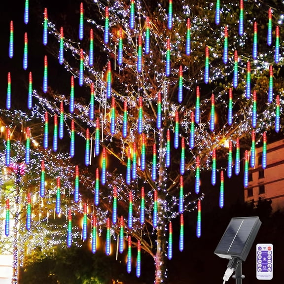 LINLIN Solar Meteor Shower Rain Lights, 30CM 10 Tubes 240 LEDs Falling Rain Drop Lights, Waterproof Christmas Icicle Meteor Lights, 8 Modes Falling Snowfall Lights for Outdoor Tree Garden Party