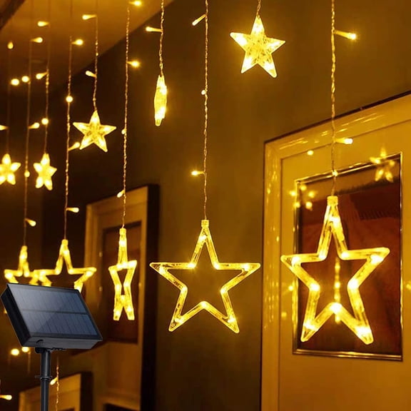 LINLIN Solar Star Curtain Lights,Waterproof 138LED Twinkle Star Icicle Window Curtain Solar Window Fairy Lights 8 Modes Icicle String Lights for Christmas Wedding Party Home Decorations
