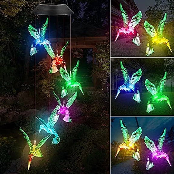 LINLIN Solar Wind Chime,Hummingbirds Wind Chimes Color Changing Mobile LED Lights, Waterproof Outdoor/Indoor Decorative Lights for Garden, Patio, Balcony, Bedroom, Party, Yard, Window